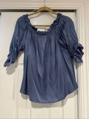 Hale Bob Dusty Blue Ruffled Scoop-Neck Blouse